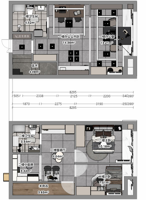 蒋琛｜融信铂岸中心5号楼1218室-50㎡挑高-现代简约风格｜3室2厅2卫｜老房装修｜定制家｜全包12万｜00_04平面彩图